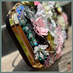 Stunning, 3-D Evening Bag w/ Handmade Flowers w/ Rhinestones & Beaded Strings